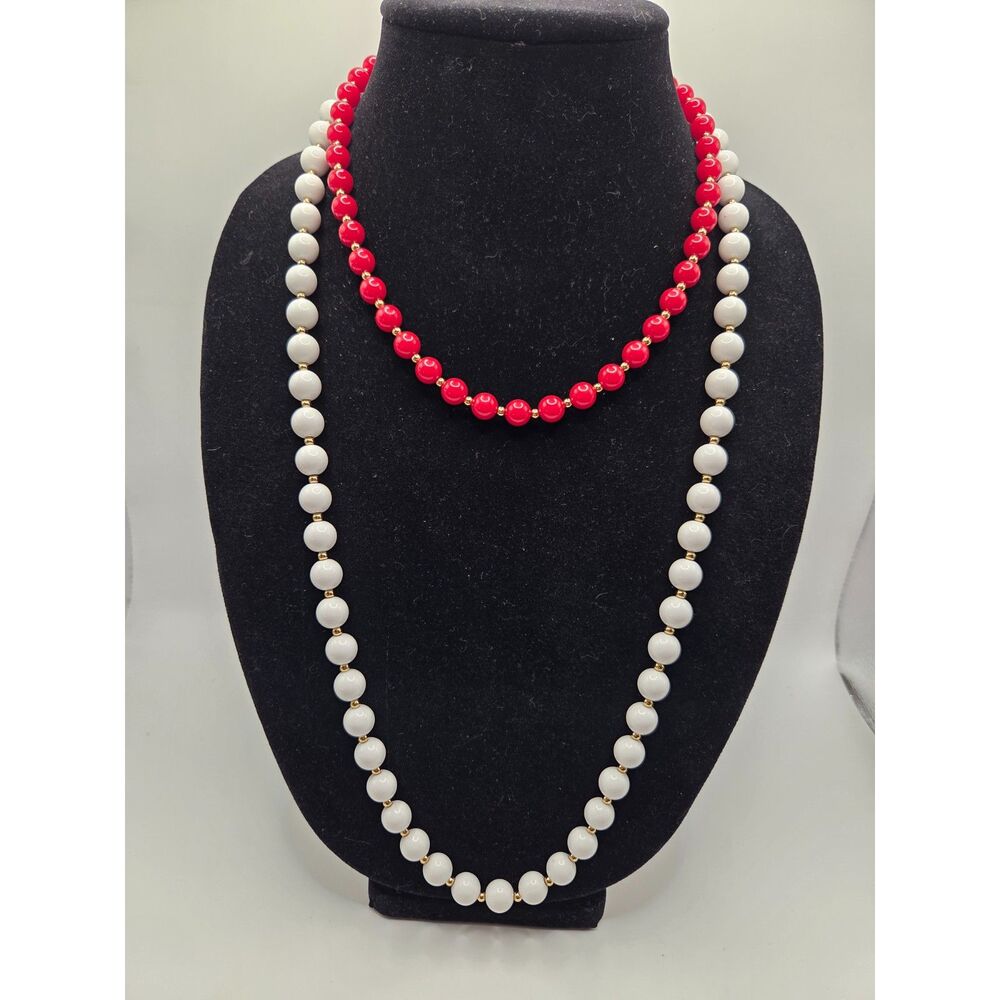 1811. Set of Two Vintage Monet Faux Pearl Necklaces Red and White